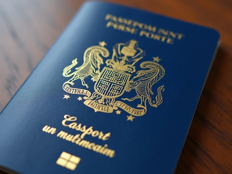 A close-up image of a European passport featuring an emblem. The passport is blue with gold text. The background is a wooden table.