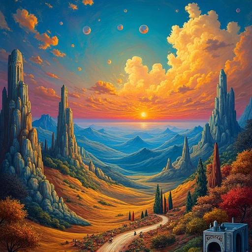 Fantasy surreal landscape with vivid colors and dreamlike qualities. Inspired by Salvador Dali. Features large mountains and a sunset over a winding path.