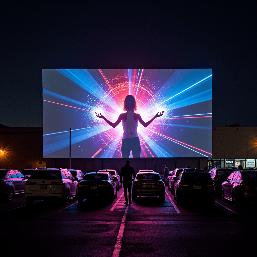 The image depicts a nighttime scene at a drive-in movie theater. Several cars are parked in rows, with a large, illuminated screen displaying a vibrant and surreal image. The screen shows a silhouette of a person with outstretched arms, standing against a radiant backdrop of colorful light beams and cosmic patterns, blending blues, reds, and purples. The atmosphere is both nostalgic and futuristic, contrasting the traditional drive-in setting with the sci-fi theme on the screen. The scene is enhanced by subtle ambient lighting from nearby structures, adding to the cinematic experience.