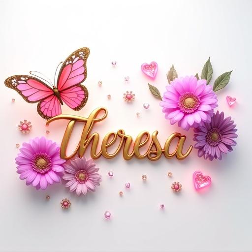 3D render artwork with golden letters spelling Theresa on a white background. Large pink and gold butterfly on the left side with sparkles. Pink and purple daisies on the right side, with decorative hearts and flourishes.