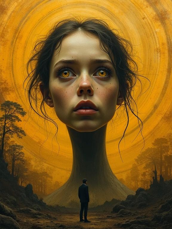 Portrait in an ultra-sharp style showing a figure standing in a swirling landscape. Expression shows disappointment and astonishment. Warm hues blend with contrasts. Background contains shifting abstract patterns. High resolution.