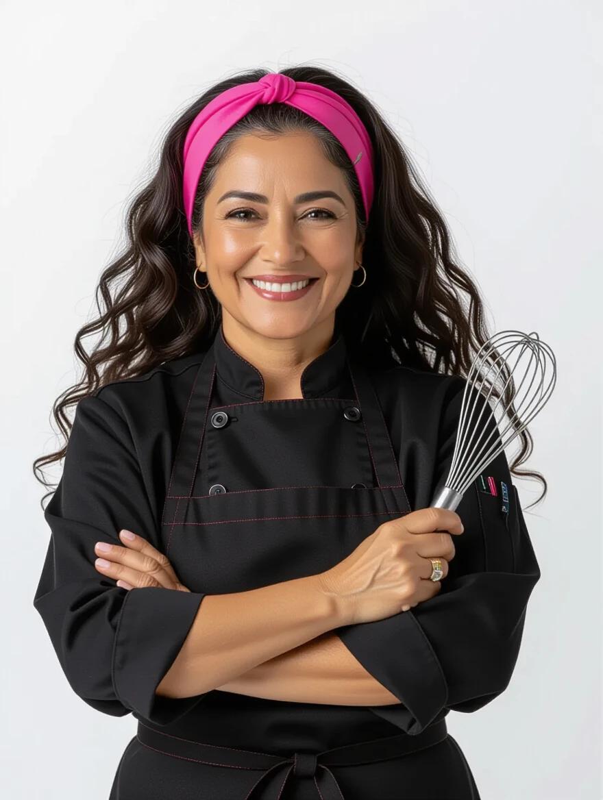 Portrait of a Brazilian pastry chef with dark skin and long curly hair. Hair is tied back with a pink headband. Wears a black chef's blouse with long sleeves and an apron. Holds a whisk confidently with arms crossed. Smiling expression and professional posture. Studio setting against a white background. High detail and clean composition.
