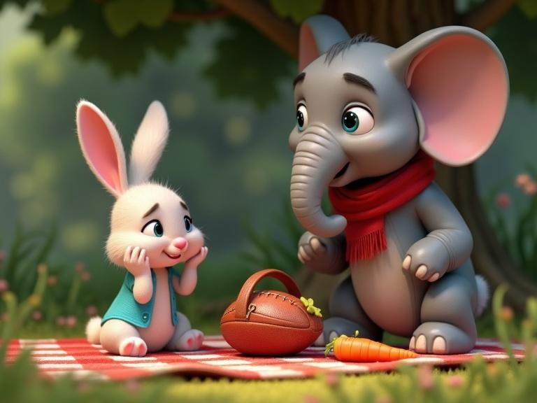 Cartoon style jungle picnic scene under a banyan tree with a rabbit and elephant. Peter the Rabbit appears concerned while Jumbo the Elephant holds a football. They are surrounded by a picnic basket and carrots.