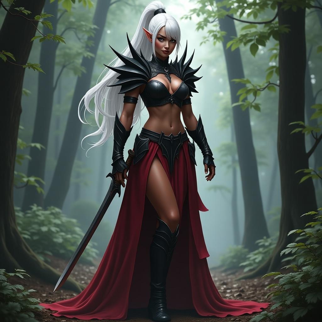 Female dark elf with white hair. Black armor on shoulders features spikes. Long red loincloth and red mantle flow elegantly. Black boots complete her outfit. She wields a sword in one hand. Background shows a dense green forest.