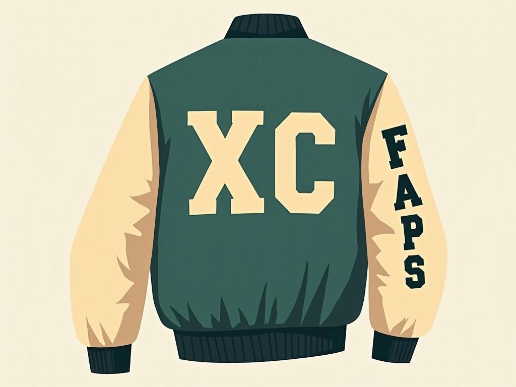 This is an illustration of a varsity jacket. The jacket features a dark pastel green body with light beige sleeves. On the back, it has the letters 'XC' prominently displayed. There is also the word 'FAPS' on one sleeve. The illustration is simple yet stylish, emphasizing youth sports and school spirit.