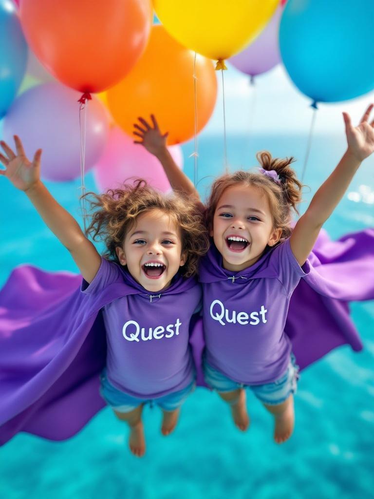 Image of two joyful children with colorful balloons over blue sea wearing purple capes. Kids hold balloons high in the air. Shirt has Quest on it. Kids are smiling and enjoying the moment.