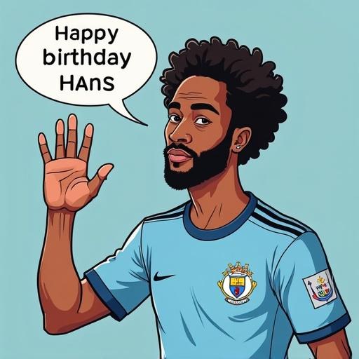 Cartoon of a man with curly hair wearing a sky blue shirt. Character is waving hand and has a speech bubble saying 'Happy birthday Hans'.