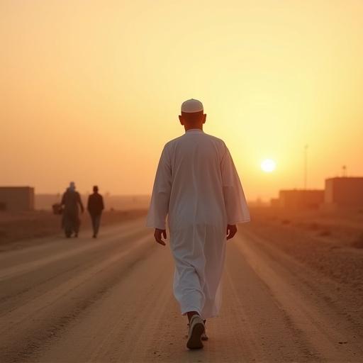 Muslim man walks alone on quiet desert road. Sunset creates warm glow in the sky. No other people are present. Atmosphere feels peaceful and reflective. Dusty road stretches into distance. Man wears traditional Islamic clothing and appears calm and thoughtful.
