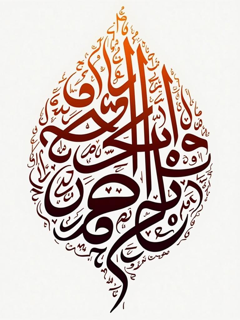 Arabic calligraphy design for Moroccan artisan. Art shaped like a leaf. Use elegant swirling styles and rich colors.