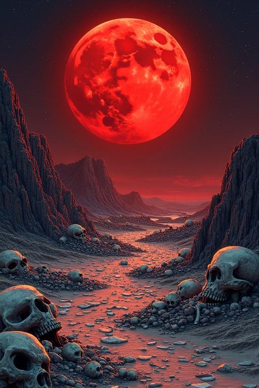 A red moon illuminates a barren landscape with countless glass shards and skeletons scattered across the ground. Mountains rise in the distance under a starry sky.