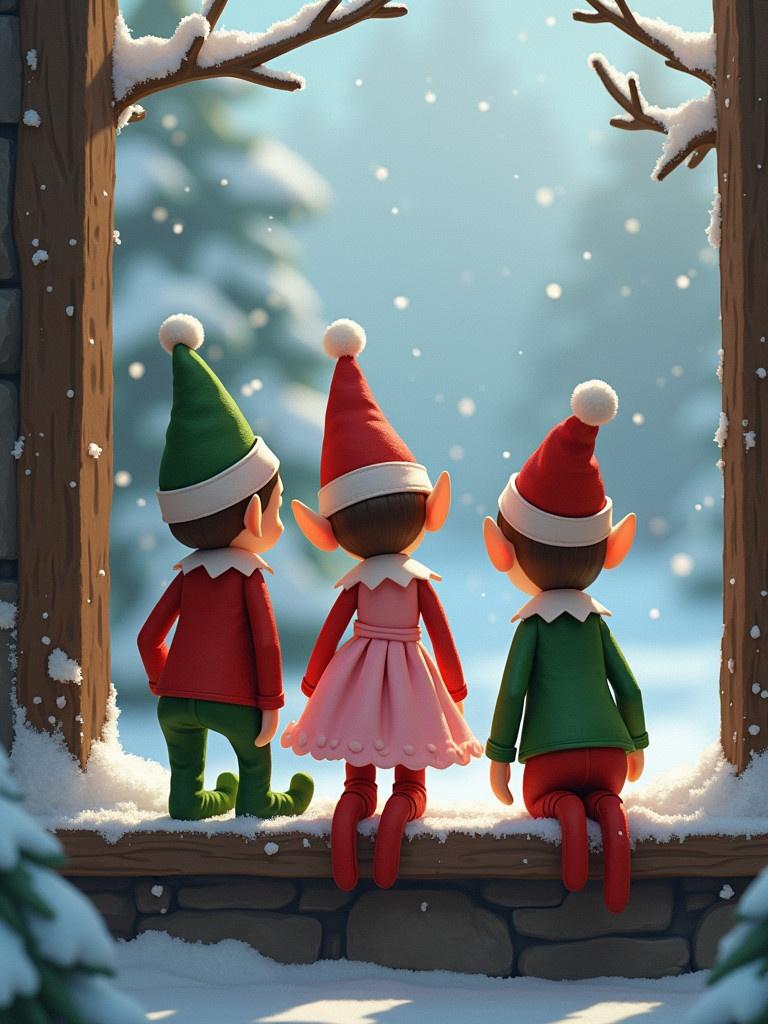 Three elf characters looking outside from a shelf. One elf wearing a red shirt is named Nathan, another elf wearing a green shirt is named Anthony, and a girl elf in a pink dress is named Mia Rose. Snow is falling outside.