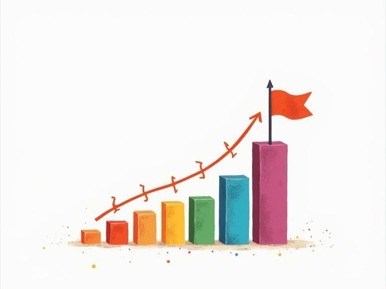 A colorful progress chart that shows steps towards a goal. The chart has vibrant markers in various colors leading to a tall purple bar. A celebratory flag is placed at the top of the tallest bar.