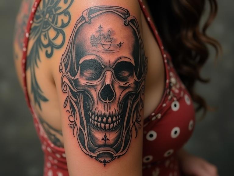 Tattoo of a skull depicted on the upper arm of a person.
