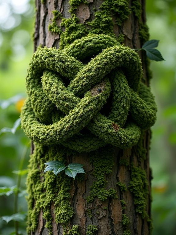 Nature scene featuring a thick knot of textured ivy wrapping around a tree trunk. Close-up of vibrant green moss and vine against the brown bark of the tree.