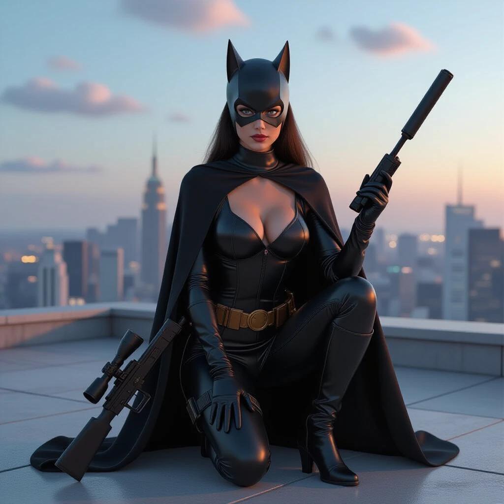 Young woman in a catwoman costume poses confidently on a rooftop. She holds a sniper rifle and kneels gracefully. The city skyline glows in the background during sunset. The character embodies strength and empowerment.