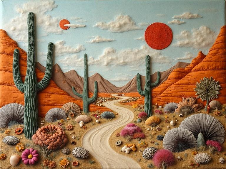3D primitive desertscape quilt shows a variety of mixed media elements. Uses fabric, dried flowers, buttons, shells, threads, yarns, encaustic wax, and oil. Features detailed interplay of textures in a desert setting.