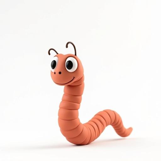 A cartoon-style worm designed in 3D clay art. The worm is orange with big eyes and a smiling face. The background is clean and white.