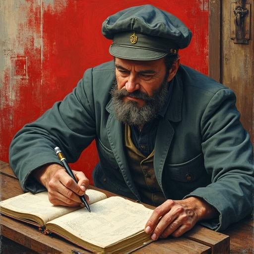 Handcrafted painting depicting a worker in a Marxist style writing a book. Elements reminiscent of the Industrial Revolution. Realistic with soft lines and gentle color transitions. Influenced by the realism of revolutionary painters like Eugène Delacroix.