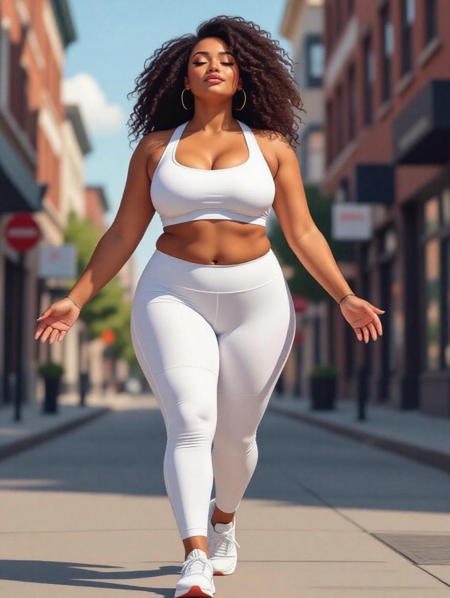Vector art of a young plus-size woman wearing a sports bra and white leggings walking on a street with her chin up and arms spread, closed eyes, looking up