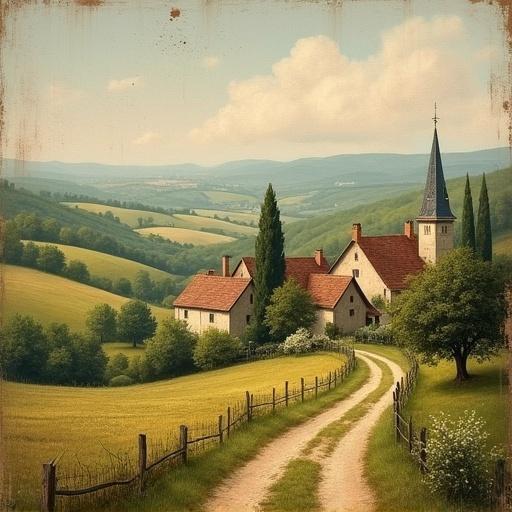Vintage European oil painting featuring rustic farmhouse landscapes. Rolling hills and quaint village cottages. Slightly weathered antique look with soft earthy tones. Brushstrokes visible to mimic oil painting techniques. Overall mood is serene and timeless. Subtle lighting enhances old-world charm.