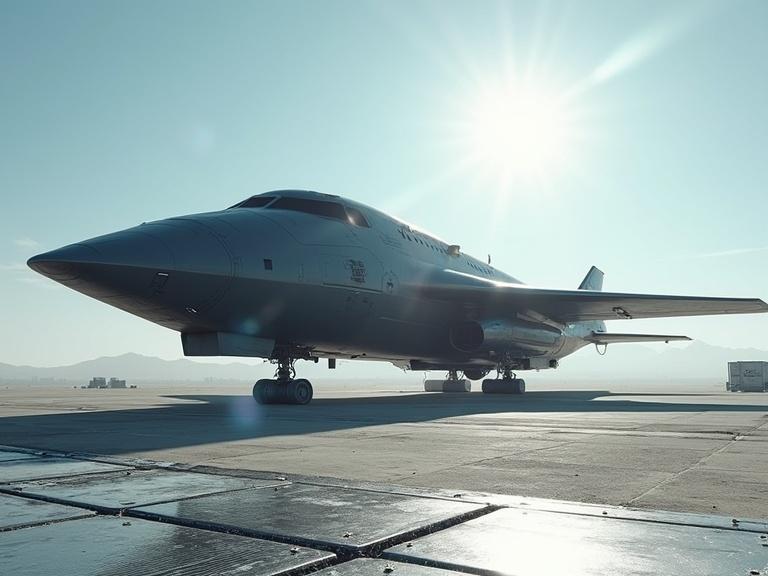 Cinematic live action image of a sleek sci-fi drop ship in a desert. Dark grey design with scratchy textures. Bright blue sky with sun shining in background. Silver metal crates and grating on the ground.
