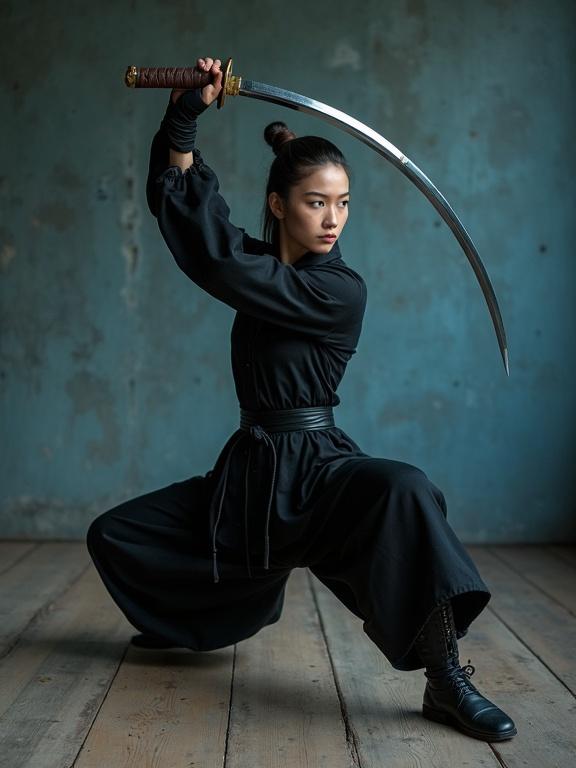 Young woman in kung fu stance holding curved katana. Right hand grips hilt raised above shoulder. Left hand extends forward with palm down. Body angled to the side. Left knee bent low. Right leg extended back with toes curled. Defined muscle tension. Wearing black martial arts outfit and gloves. Cool-toned shadows and warm highlights. Sharp shadows contrast with metallic sword. Weathered blue-grey concrete wall background. Crisp details in hands and sword.