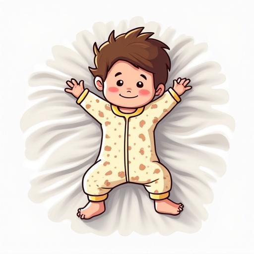Pajama-clad child on a white bed. Cartoon style for a pictogram targeting children aged seven. Cute and playful design.