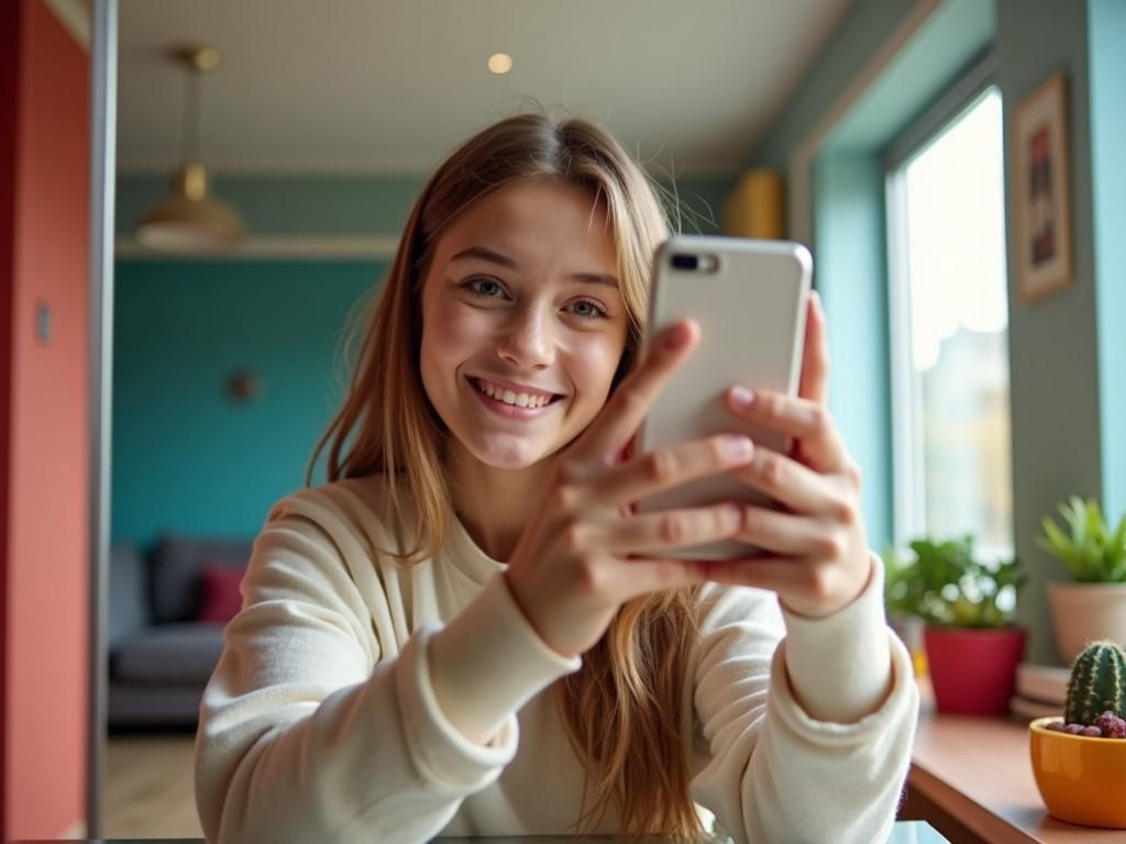 A cheerful teen girl is sitting indoors, holding her smartphone with both hands. She has long, wavy hair and a bright smile, looking directly at the camera. The indoor space is decorated with plants, and there is a cozy couch visible in the background. Natural light filters through the large window, creating a warm ambiance. The girl appears relaxed and happy as she engages with her phone.