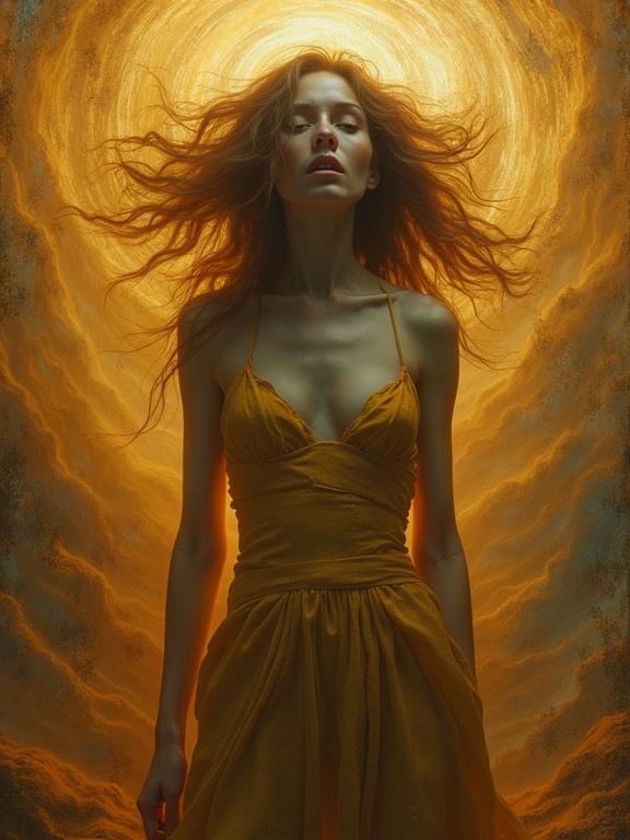 A portrait of a glamorous figure in a surreal landscape. The subject shows deep disappointment and astonishment with wide eyes. Warm amber and gold hues create an ethereal glow. The background features abstract, moving patterns. Sharp details add to the masterpiece quality.