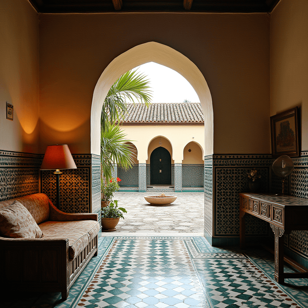 An elegant room opens to a courtyard with tiled floors and a central bowl, surrounded by arches and lush plants.