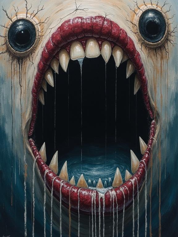 A rough painting with oil and watercolors. Features a large mouth filled with sharp teeth. Seven dark spiraling eyes create a feeling of unease. Cracked teeth and monoliths ooze liquid shadow.