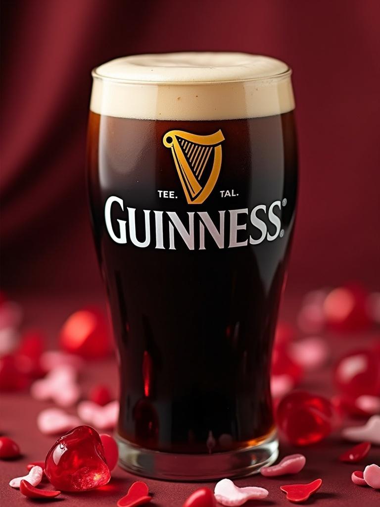 Pint of Guinness beer with a creamy head. Surrounded by red and pink hearts. Dark background. Smooth texture of Guinness. Focus on beer. No other logos or text.