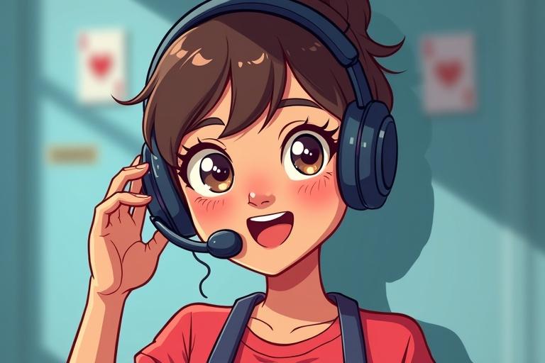 Support girl with headset. Modern cartoon 2D graphic novel style. Overhead angle perspective. Exaggerated facial expressions. Central card deck and discard pile included. Marine-colored card backs. Soft directional lighting creates texture. Mood of friendly competition.