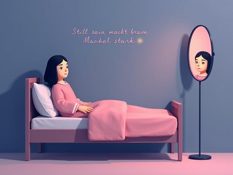 A calm, warm evening atmosphere in a simple, light purple children's room. A small bed with a duvet in muted pink and lavender is centered. On the bed's edge sits an abstract, child-like figure, symbolically simplified with a round head and two dark braids. The figure dons a soft, one-piece pajama. A stylized pacifier resembles an ornament. The figure gazes into a standing mirror beside the bed with a serene expression and slightly flushed cheeks. The wall features the phrase 'Still sein macht brave Mädchen stark' in simple round letters. The colors are soft and soothing: pale indigo, lavender, dusty pink, and some night blue in the background.