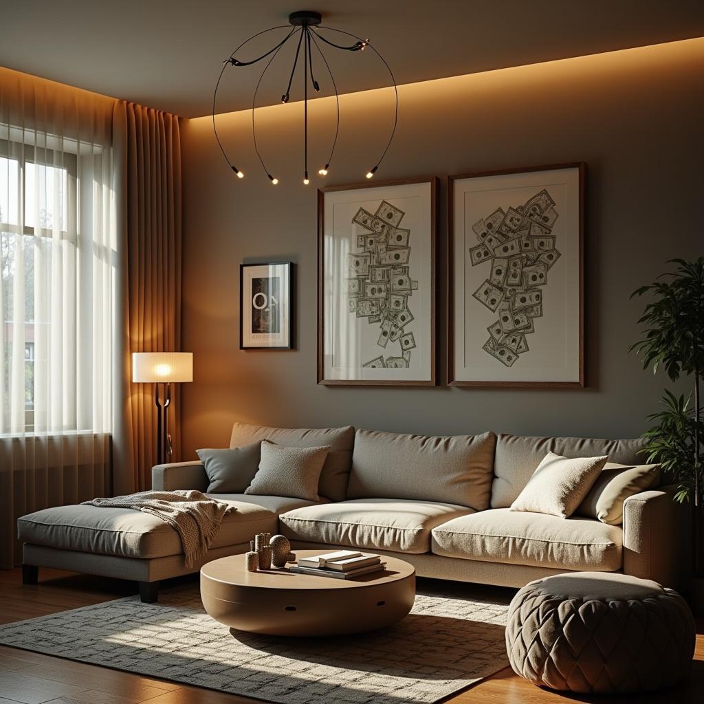 A stylish living room featuring a comfortable sofa with modern decor. The walls have framed artwork depicting money. Soft ambient lighting from a chandelier highlights the space. A round coffee table and a pouf enhance the cozy feel.