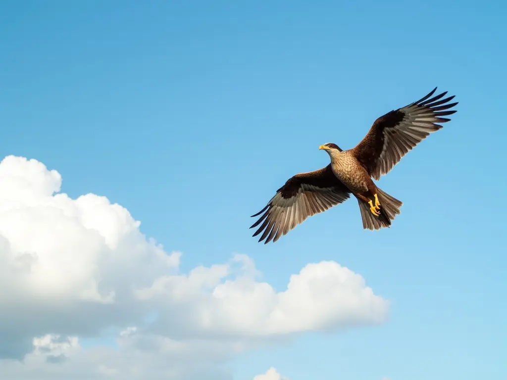 A large bird of prey soars gracefully against a pristine blue sky. Its powerful wings are spread wide, displaying intricate patterns of feathers, while a few fluffy white clouds add depth to the expansive sky. The bird's determined expression and the serene atmosphere evoke a sense of freedom and strength.