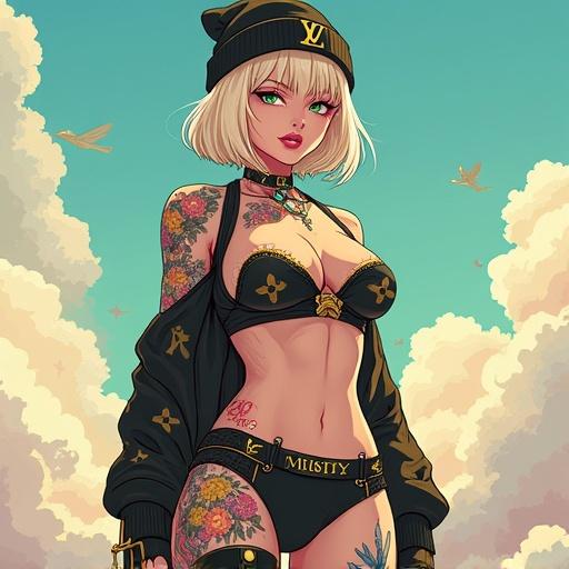 Anime illustration featuring a fashionable woman in Louis Vuitton streetwear. Character has striking emerald green eyes and a beautiful face with light blonde bob hairstyle. She wears pink diamond jewelry and has colorful traditional tattoos. The backdrop shows a sky with flying elements, indicating a cybernetic environment. The character appears extroverted and confident.