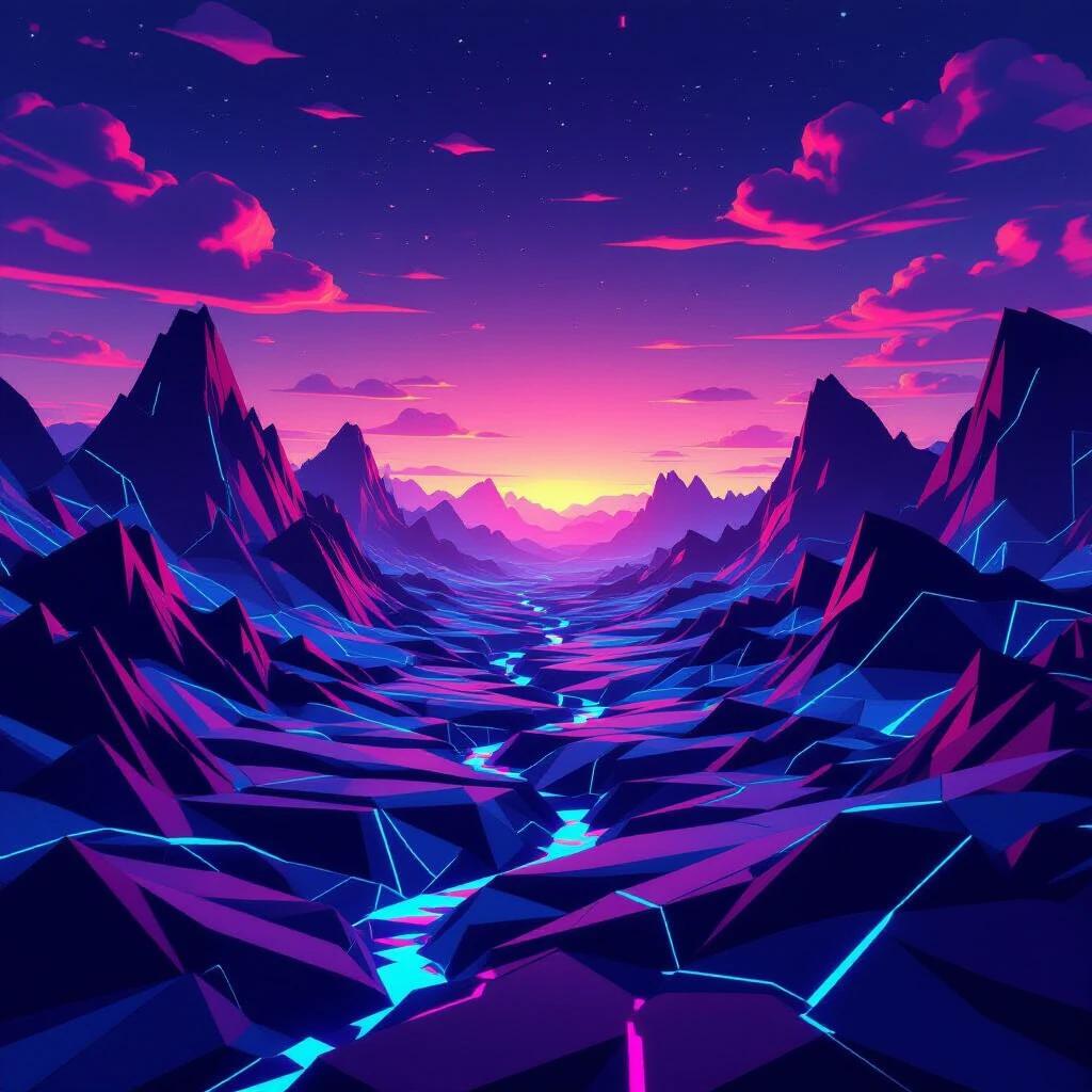 Wide-angle landscape scene depicting a fractured low-poly terrain. Jagged mountains surround a bright river flowing between the valleys. Sky features distorted clouds with a flickering effect. Art showcases a surreal glitch aesthetic with a vibrant cyberpunk color scheme predominantly featuring magenta and cyan.