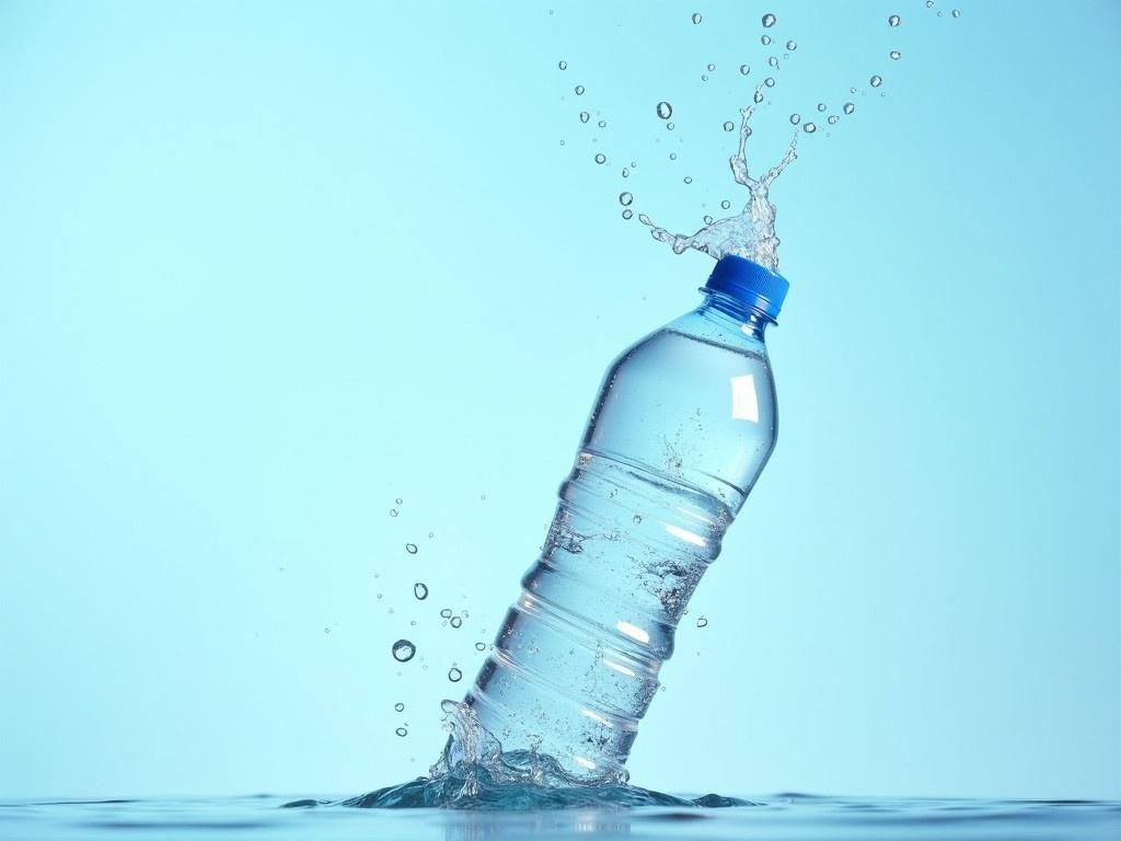 This image showcases a clear plastic water bottle tilted at a dynamic angle, with water splashing out dramatically from its opening. The background is a soft gradient of blue, creating a refreshing and vibrant atmosphere. The water drops are frozen in mid-air, sparkling as they catch the light, emphasizing the fluidity and movement of the water. The bottle's surface reflects light, providing a shiny and crisp appearance. This composition conveys a sense of freshness and vitality, perfect for representing hydration and outdoor activities.