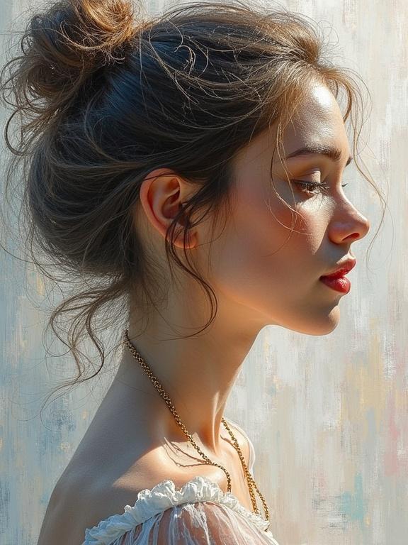 Profile portrait of a young woman with soft features and a serene expression. Natural light enhancing her beauty. Background created with textured brushstrokes in soft pastel colors.