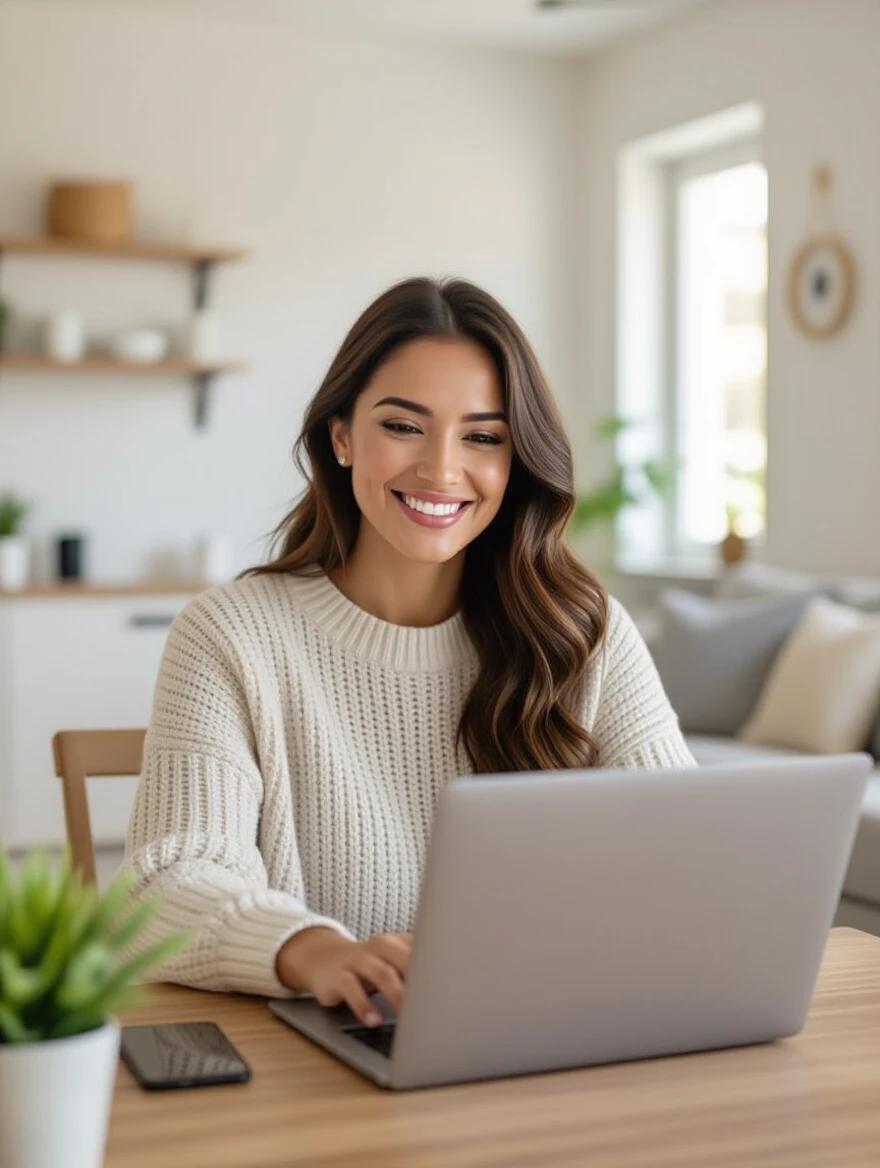 Smiling woman working on laptop in a cozy home setting. Natural light enhances peaceful atmosphere. Focus on comfort and productivity.
