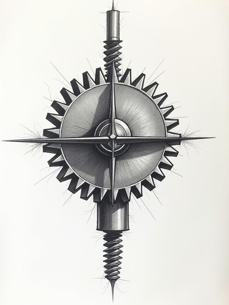 Detailed drawing of bevel gear with sharp lines. Focal point is central gear with radial symmetry. Background is plain to enhance focus on gear.