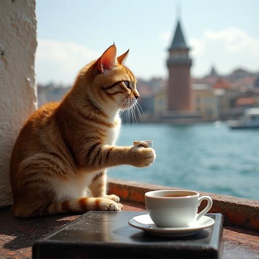 A Turkish cat sits by the water. The cat holds a small cup. In the background, the Galata Tower is visible. The water of the Bosporus glimmers in the sunlight. A cup of tea is placed on a dark surface nearby.