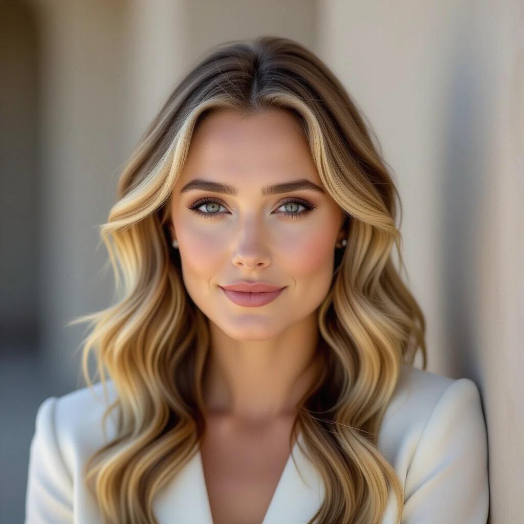 Close-up portrait of a woman with long blonde hair. She has light blue eyes and a natural makeup look. The background is neutral and soft, allowing her features to stand out. She is dressed in a white blazer and has a subtle smile, exuding confidence and elegance.