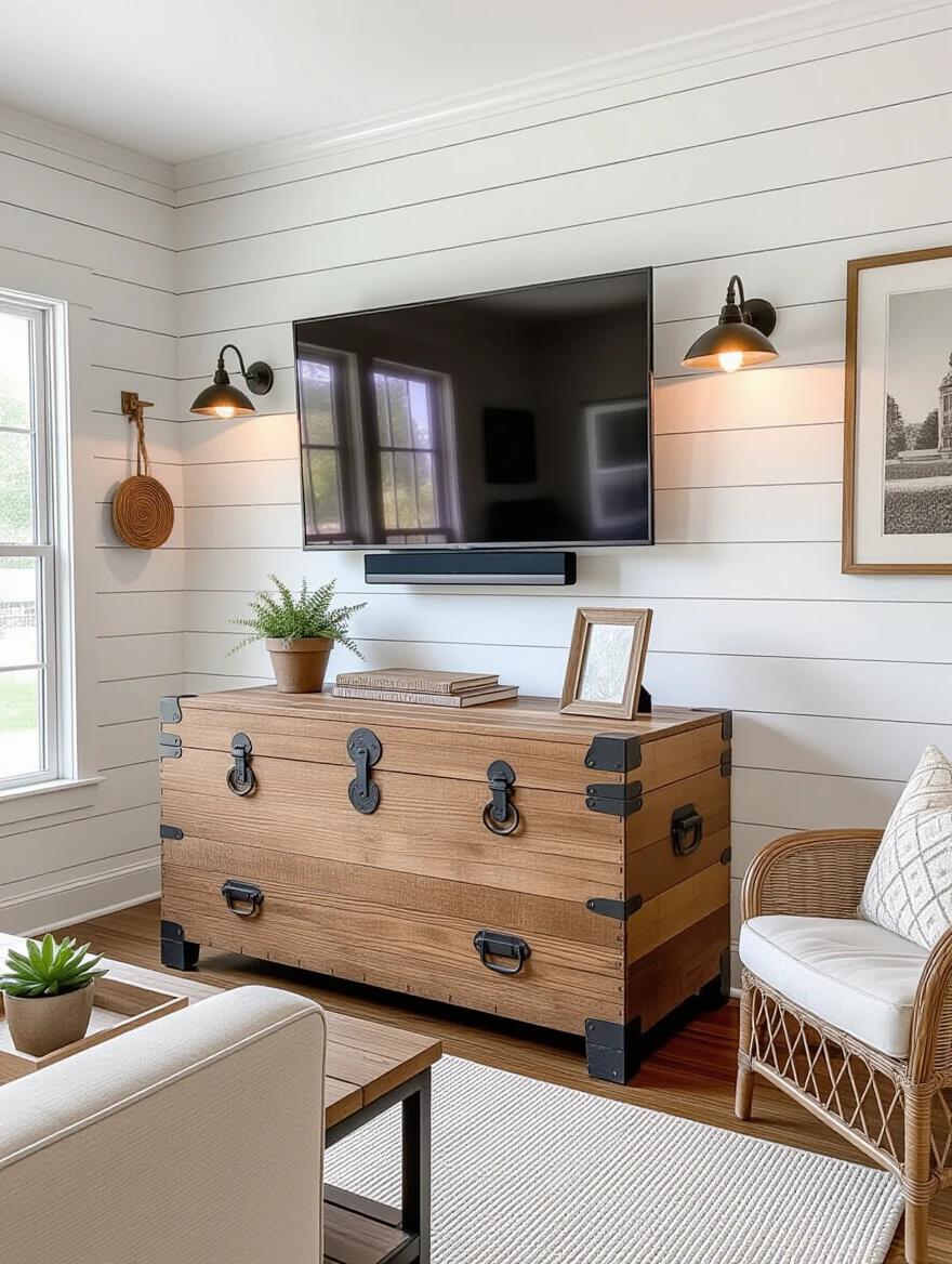 Cozy living room features white shiplap walls. Large flat screen TV mounted above vintage wooden chest. Chest presents a rustic look with metal latches. Small potted plant is on top with a picture frame and stack of books. Room has inviting ambiance provided by two wall sconces. Large window allows light to filter in. Framed picture of a forest scene is on the wall beside chest. Brown leather sofa enhances rustic feel.