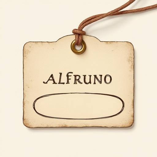Label illustration made of beige cardboard. The tag is rectangular and shaped like a credit card. Size is 5x8 cm. All corners are lightly rounded. The tag has a gold-colored eyelet for hanging. It features a copper-colored cord for attaching. The main design includes the word 'Alfruno' in elegant hand-carved typography. An empty horizontal oval is drawn for a logo placement. Classical typography at the top lists '40,0 %vol.' and '0,5 l'. The bottom includes 'Kräuter-Halbbitter', 'Genuss aus dem Garten der Natur - wild und besonders', and 'manufaktur-kilgus.de'.