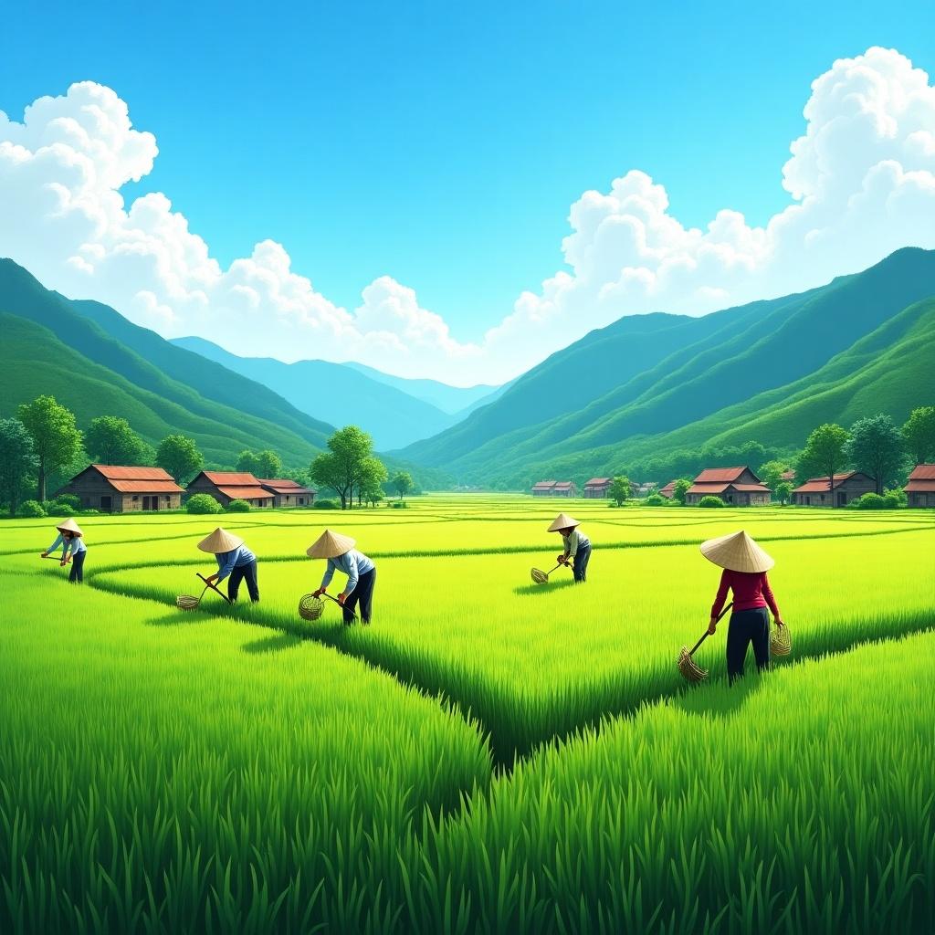 Scenic depiction of farmers working in lush green rice fields in rural Asia. Clear blue sky with mountains in the background.