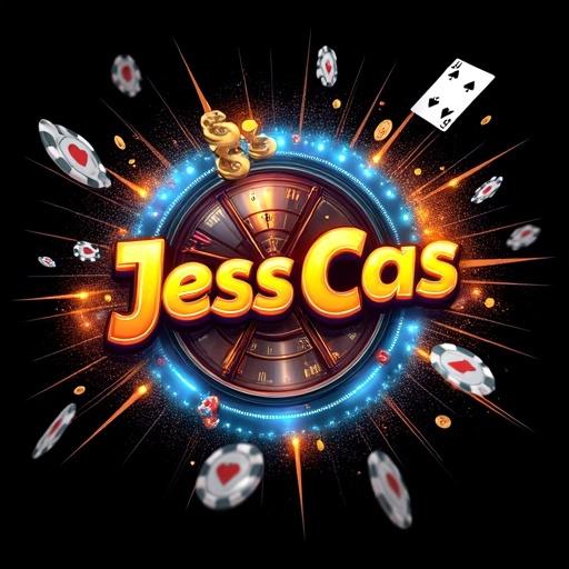 A striking T-shirt design featuring the 'JessCas' online casino logo. Central logo is large and stylized with a neon glow or chrome effect. Surrounding elements include exploding casino chips and playing cards. Use bright colors and gritty textures. Design is solid without transparency or minimalism. Balanced to maintain readability on black background.