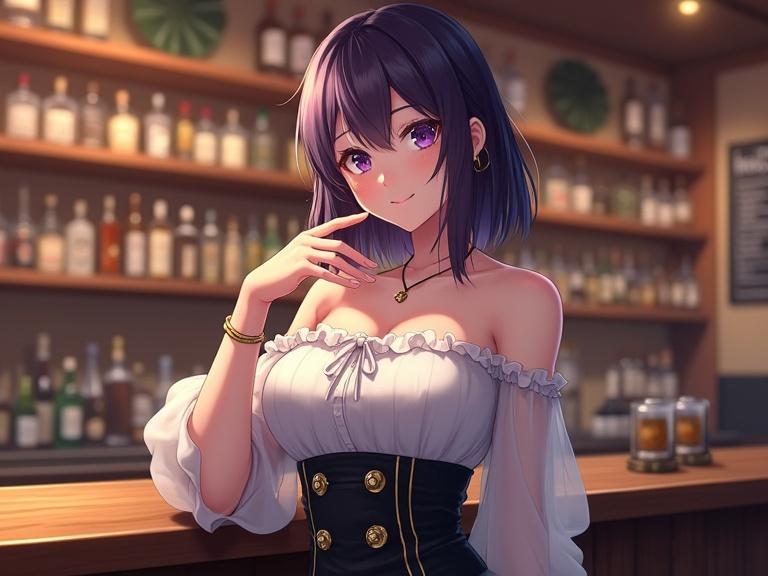 Image of a lady with shoulder-length dark violet hair and light violet eyes. She wears an off-the-shoulder white top and a dark high-waisted skirt. Elegant jewelry enhances her appearance. She stands near a bar with various bottles illuminated by warm light.