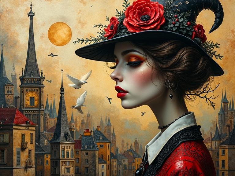 Artistic representation of a woman with a whimsical hat set against a Parisian cityscape. Features intricate details and mixed media elements.